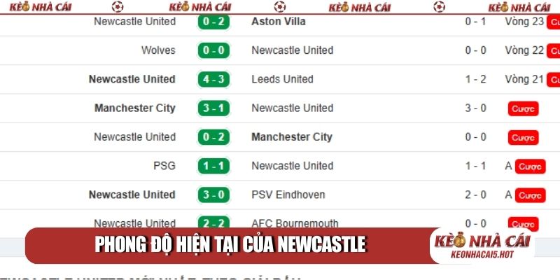 Phong độ hiện tại của Newcastle